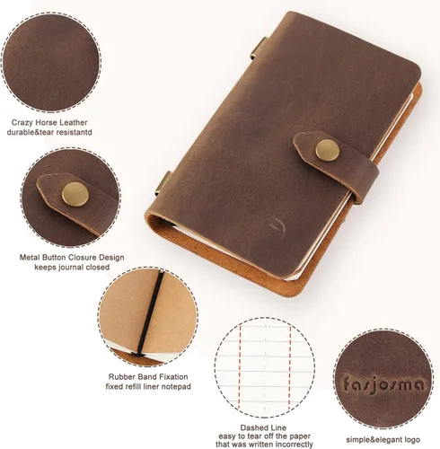 Vista 2 de Cuaderno de viaje pequeño de cuero, cuaderno de diario vintage con papel rayado, cuaderno de notas de cuero mini hecho a mano para mujeres y hombres