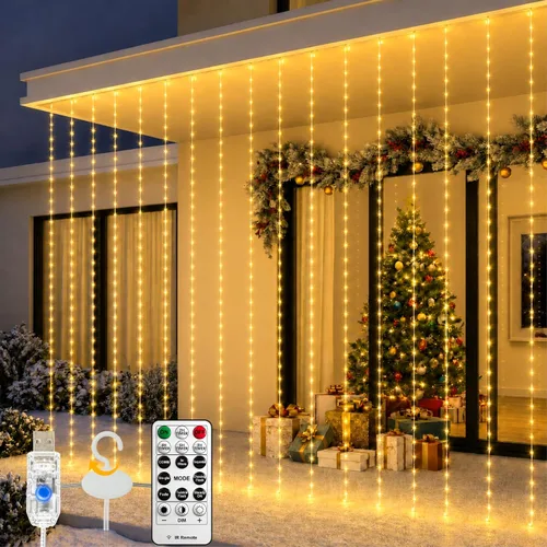 Vista 23 de HXWEIYE - Tira de 300 luces LED, cortina de guirnaldas navideñas con enchufe USB, 8 modos, control remoto para decoración de pared, fondo de Rojo