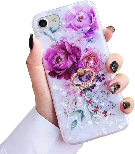 Vista 10 de Qokey Funda compatible con iPhone 8/7/SE (2022/2020) de 4.7 pulgadas, diseño de flores lindo a la moda para mujeres y niñas, anillo giratorio de 360
