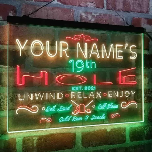 Vista 7 de Personalized 19th Hole Golf Club Tri-Color LED Neon Light Sign Customize Name Date Text Quote Font Green & Red & Yellow 13 x 8.7 Inches