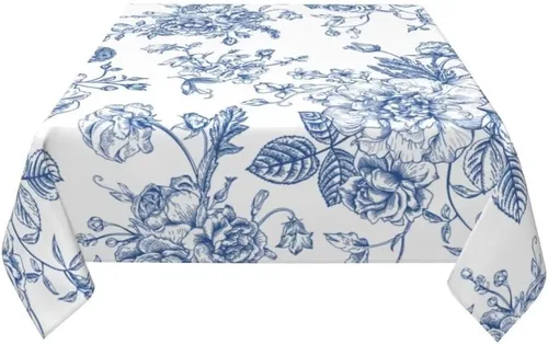 Vista 3 de BETGINY - Mantel cuadrado floral azul de 54 x 54 pulgadas, mantel decorativo de estilo chinoiserie con flores, tela rústica lavable para granja