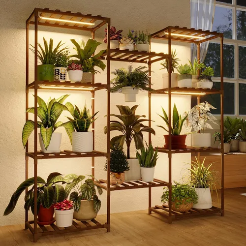 Vista 9 de Bamworld - Soporte para plantas con ruedas de madera para interior y exterior, estante para múltiples plantas con 11 macetas, soporte alto y grande