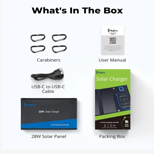 Vista 8 de Cargador solar portátil BigBlue de 28W con amperimetro digital, 25.4% de alta eficiencia, puertos USB-A/USB-C, paneles solares plegables