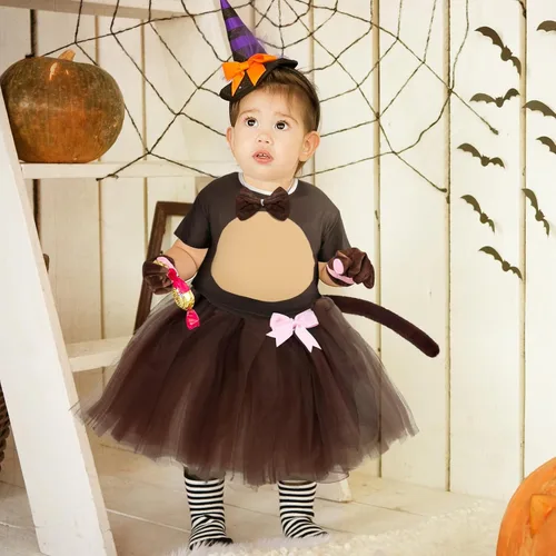Vista 6 de Jiuguva Juego de 6 disfraces de animales para niños, disfraz de mono de Halloween, cola de mono, diadema de oreja, tutú, pajarita, patas, camiseta