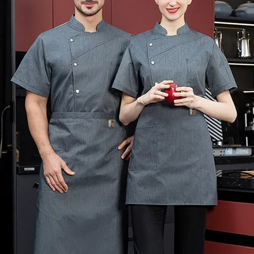 Vista 3 de Uniforme de chef para mujeres y hombres, chaqueta de chef de manga corta, ligera, cómoda para cocinar