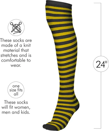 Vista 5 de Skeleteen Calcetines negros y amarillos Sobre la rodilla a rayas hasta el muslo, accesorios de disfraz, medias de abejorro para mujeres y niños