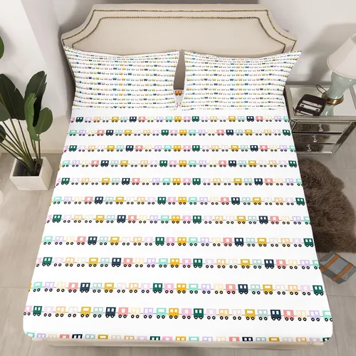 Vista 17 de Juego de sábanas bajeras ajustables para niños, diseño de caricaturas, camiones, tamaño individual, juegos de ropa de cama de excavadoras, camiones