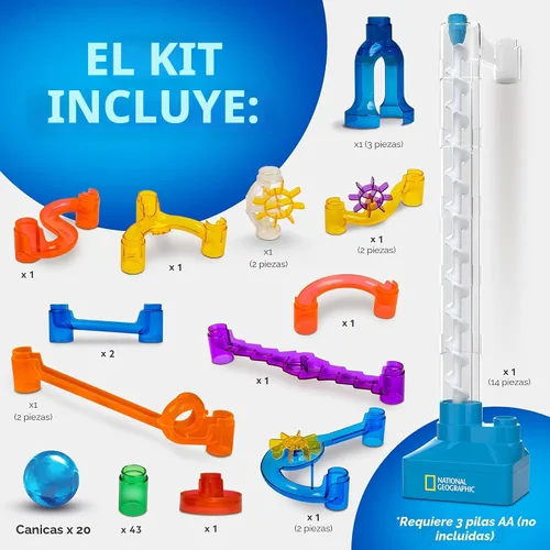 Vista 5 de National Geographic Marble Run con Elevador Motorizado, kit de laberinto de canicas de 95 piezas con elevación en espiral motorizada, 20 canicas