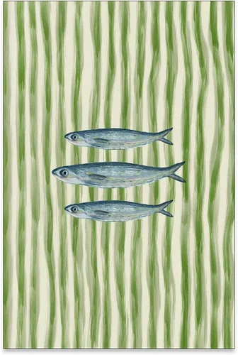 Vista 47 de Impresiones de Sardinas - Pósteres de pared de cocina de moda, diseño de rayas verdes, retro y moderna, estética de alimentos para el hogar
