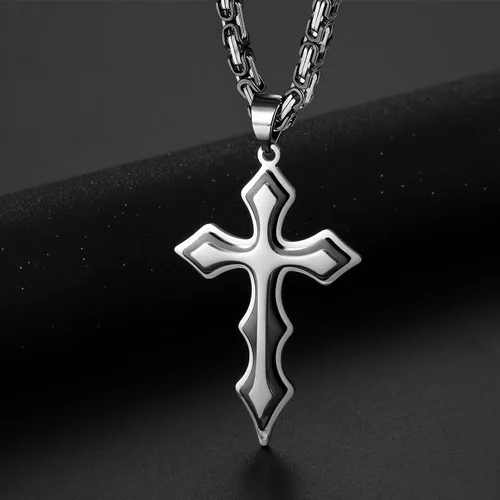 Vista 3 de FULULAY Collar con colgante de cruz de Jesucristo grande de acero inoxidable para hombre con cadena bizantina de 22, 24, 26 pulgadas