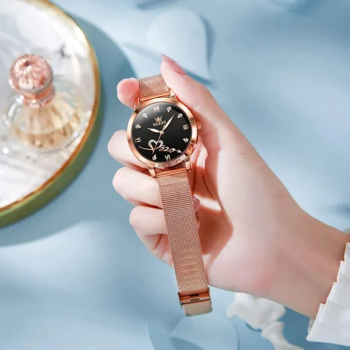 Vista 3 de OLEVS Relojes para mujer, correa de malla de oro rosa, vestido de moda, cuarzo japonés, impermeable, luminoso, para mujer, conjunto de pulseras