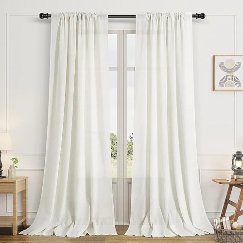 Vista 61 de Cortinas de lino verde aguamarina de 84 pulgadas de largo, juego de 2 paneles semitransparentes con bolsillo para barra para comedor, decoración