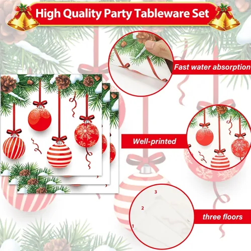 Vista 3 de 50 piezas de servilletas de Navidad para invitados, paquete de 3 capas, servilletas desechables de papel para fiestas, bolas de Navidad, servilletas