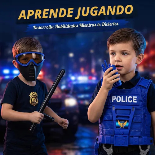 Vista 6 de Set de policía para niños, con máscara, chaleco, escudo, placa, esposas, granada, macana y cuchillo