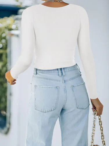 Vista 3 de REORIA Camiseta básica de manga larga con cuello redondo y doble forro para mujer