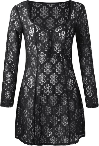 Vista 3 de Lencería para mujer, de manga larga, con encaje, sexy, cuello corazón, hueco, vestido para dormir, camisones