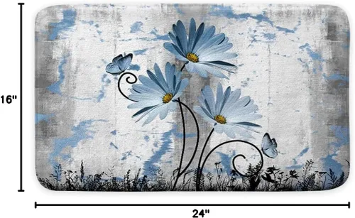 Vista 2 de Alfombra de baño rústica de granja, diseño de margaritas y mariposas en madera de campo, tapete de baño de madera color gris, blanco, azul marino