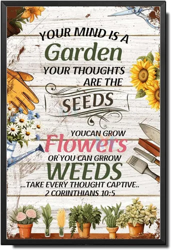 Vista 12 de Letrero de metal, letrero de hojalata vintage, arte de pared con texto en inglés "Garden Your Mind Love", arte de pared para jardín, jardín, regalo