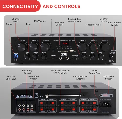 Vista 3 de Pyle Sistema de amplificador de audio para el hogar inalámbrico Bluetooth - Receptor estéreo de potencia de sonido de 6 canales actualizado de 750