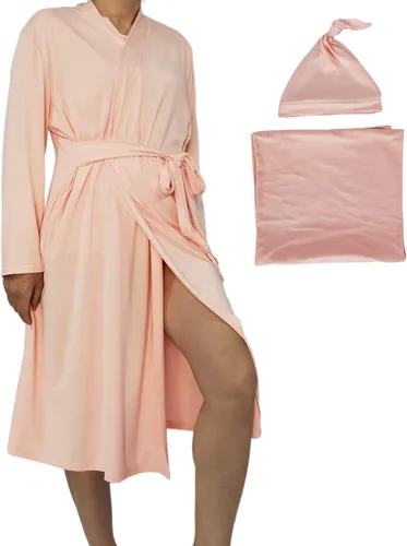 Vista 9 de SUFEINI Conjunto de Bata de Maternidad y Manta Envolvente para Bebé a Juego, Bata de Mamá con Manta Receptora Ropa de Dormir para Niñas y Niños