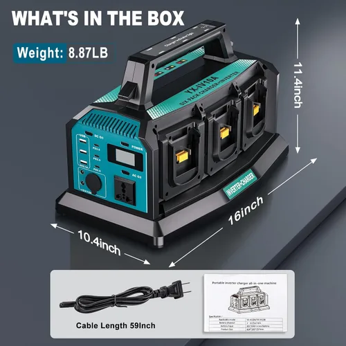 Vista 9 de Cargador inversor portátil 2 en 1, inversor de onda sinusoidal pura de 1200 W y cargador rápido de 6 A para batería Makita de 18 V, convertidor de 6