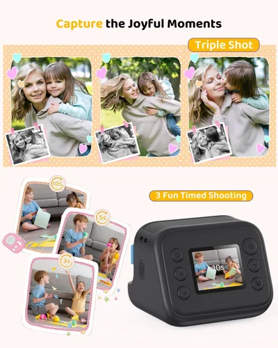 Vista 4 de Cámara de impresión instantánea en color para niños – Cámara para niños con 5 papeles fotográficos de color, video de 48MP y 1080P, 21 marcos