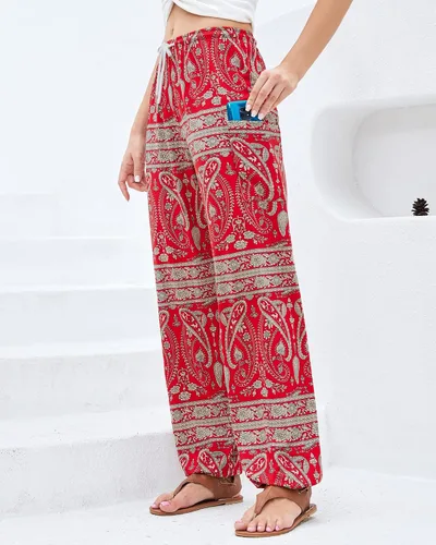 Vista 7 de QIANXIZHAN Pantalones de harén para mujer, pantalones hippie palazzo, pantalones bohemios, ropa de yoga con bolsillos