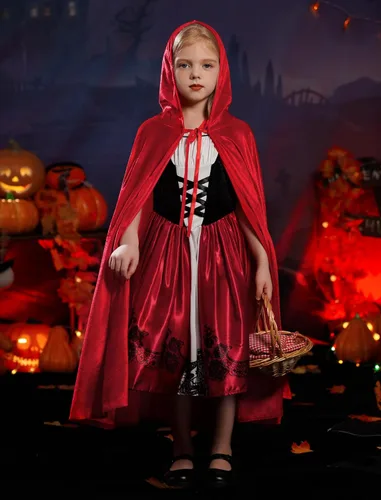 Vista 2 de Disfraz de Halloween de lujo para niñas con capucha roja, capa tradicional, cuento de hadas, disfraz de princesa cosplay