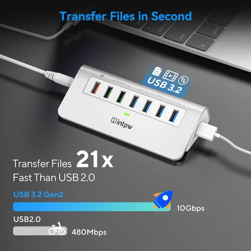 Vista 3 de intpw Hub USB con alimentación 10Gbps, Hub de datos de aluminio de 7 puertos USB 3.2 con 4 puertos USB 3.2 Gen 2, 3 puertos de carga rápida