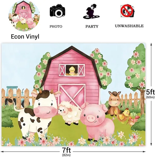 Vista 3 de Fondo de dibujos animados de 5 x 3 pies para fiesta de animales de granja, granero rosa, baby shower, cumpleaños, fotografía, fondo, tierras