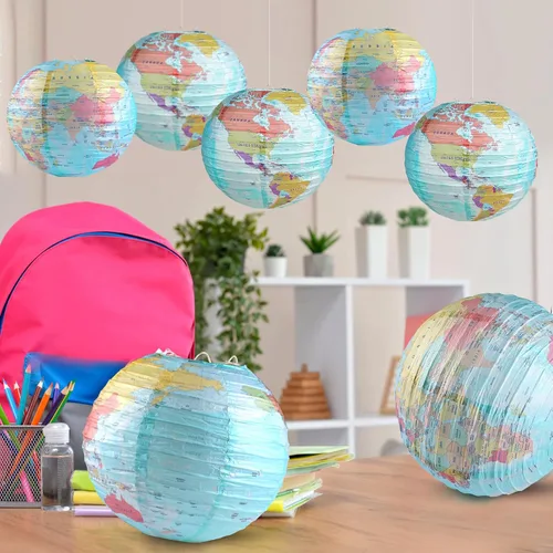 Vista 4 de 10 linternas de papel con mapa del mundo, 10 pulgadas, globos de papel, linternas de mapa, decoración de aula, mapa de viaje, linterna de papel