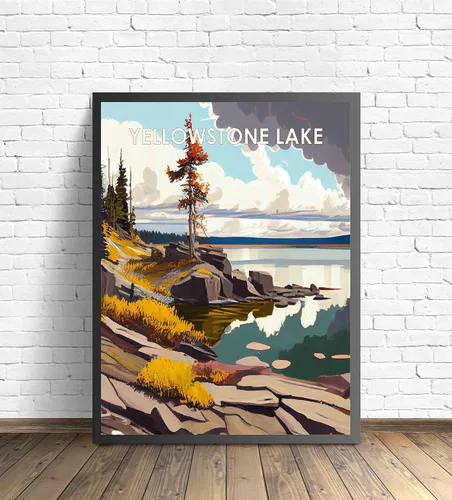 Vista 2 de Yellowstone Lake - Póster impreso artístico, ilustración, arte de pared, decoración de paisaje retro, paisaje, obra de arte para decoración de Lago