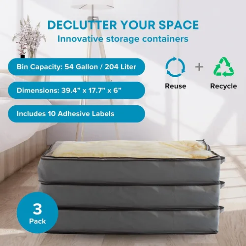 Vista 2 de NeatNestly SmartCube Bolsas de Almacenamiento Bajo la Cama - Paquete de 3 Contenedores Grandes Grises de 39" x 18" x 6" con Asas Reforzadas