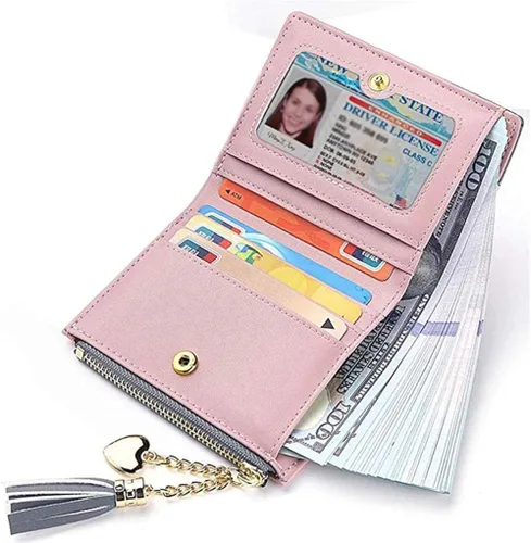 Vista 2 de Cartera pequeña para mujer con bolsillo para monedas, plegable, delgada, con cremallera