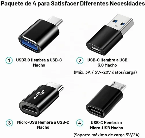 Vista 2 de Paquete de 4 adaptadores USB C, adaptador USB C a USB 3.0 OTG, adaptador micro USB a USB C compatible con MacBook Pro, iPhone 17/16/15, iPad