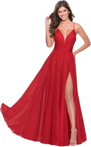 Vista 4 de MSJME Vestidos de dama de honor con cuello en V y tirantes delgados para mujer vestidos formales largos de gasa con abertura L001