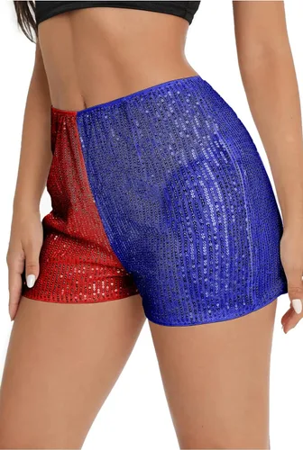 Vista 2 de Pantalones cortos de lentejuelas para mujer, de cintura alta, elásticos, pierna recta, pantalones cortos para fiesta, concierto, brillantes