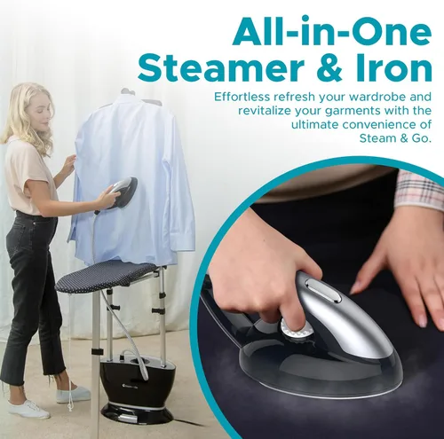 Vista 3 de Steam & Go - Vaporizador y plancha todo en uno, vaporizador a presión para ropa con tabla de planchar y colgador de ropa, vaporizador de tela