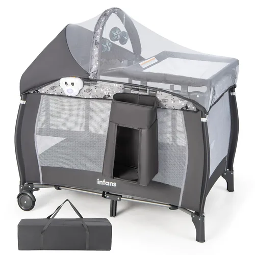 Vista 10 de INFANS 4 en 1 Pack and Play, corralito portátil de viaje para bebé con moisés, cambiador, toldo, mosquitera, juguetes colgantes, caja de música