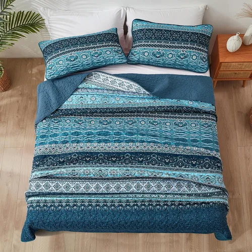 Vista 4 de WONGS BEDDING Juego de edredón bohemio tamaño individual, juego de ropa de cama azul bohemio individual, colcha de microfibra ligera con funda