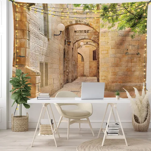 Vista 7 de Ambesonne Tapiz de paisaje, orientación oriental israelí, arquitectura, calles, casas, imagen, imagen, imagen, colgar en la pared para dormitorio