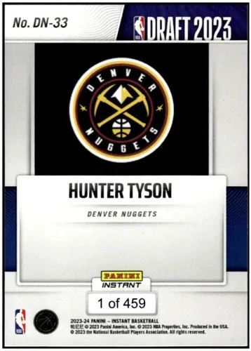 Vista 2 de HUNTER TYSON RC 2023-24 Panini Instant Draft Night ROOKIE /459 NM+-MT+ NBA Basketball #DN33 Nuggets