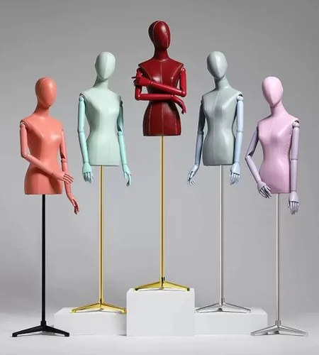 Vista 2 de Maniquí de forma de vestido femenino, torso de maniquí de cuerpo de poliuretano con soporte de metal ajustable en altura, brazos de madera, cuerpo
