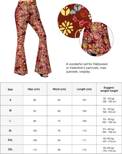 Vista 5 de Conjunto de disfraz hippie de los años 70 para mujer, chaleco bohemio con flecos, pantalones acampanados, signo de la paz y aretes, para fiesta