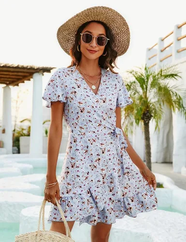 Vista 4 de Naggoo - Vestido de verano corto con diseño cruzado para mujer, vestido con cuello en V, estampado de lunares o floral, volantes, manga corta