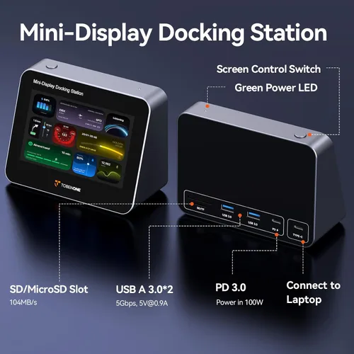 Vista 3 de Tobenone Mini monitor FHD 1080P de 5 pulgadas para PC con concentrador USB-C, 100 W PD, 4 puertos USB, SD/Micro SD, monitor portátil para marco