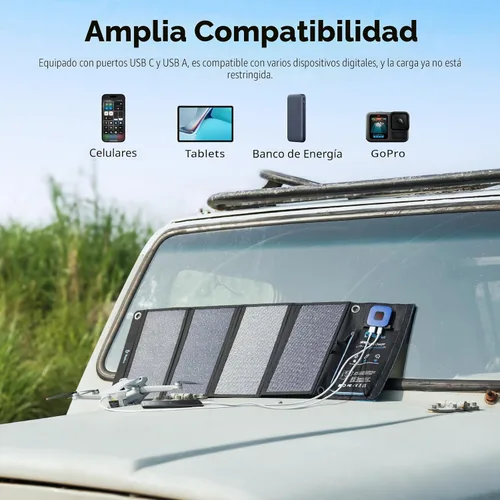 Vista 5 de Cargador solar portátil BigBlue de 28W con amperimetro digital, 25.4% de alta eficiencia, puertos USB-A/USB-C, paneles solares plegables