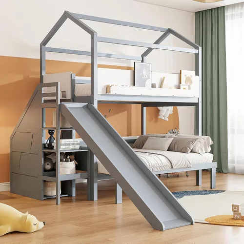 Vista 18 de Cama tipo loft de tamaño matrimonial con escalera de almacenamiento y escritorio, marco de cama tipo loft de madera maciza con ventanas, estantes