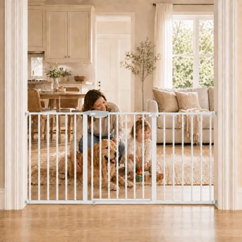 Vista 9 de WAOWAO Triple Lock 49.21-66.54 pulgadas, puerta para bebé extra ancha montada a presión, de paso con bisagra, cierre automático, seguridad de metal