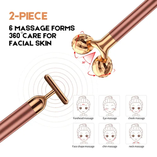 Vista 6 de Masajeador facial 2 en 1 Beauty Bar de pulso dorado de 24 quilates, rodillo 3D eléctrico y en forma de T, brazo ojo, nariz, cabeza, masajeador